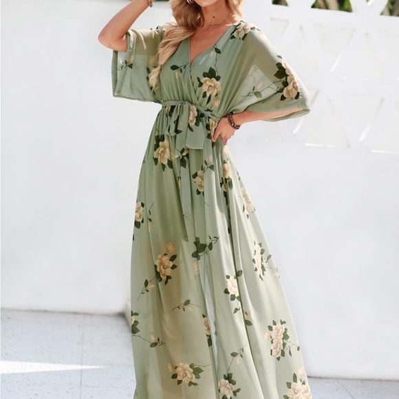 Women’s Summer Loose Boho Flowy Wrap 3/4 Sleeve Floral Print Long Maxi Dress - Picture 1 of 2